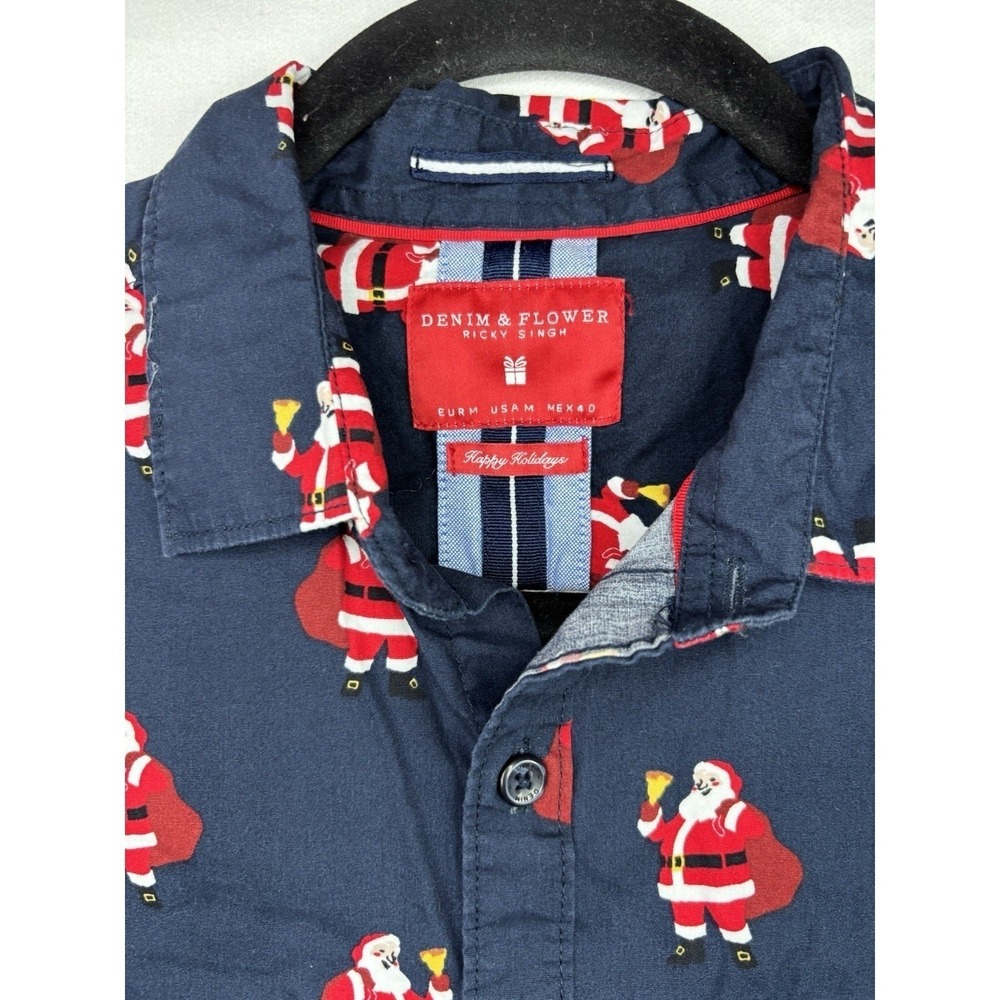 Denim & Flower Button Up Mens Medium Blue Santa Claus Holiday Christmas